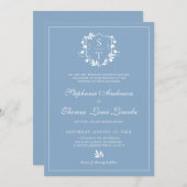 Invitation Botanique Monogramme Crest Dusty Blue Mariage (Devant / Derrière)