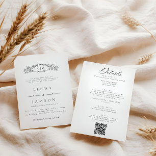 Invitation Botanique monogramme QR Code Détails Mariage