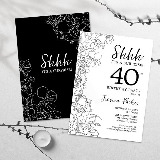 Invitation Botanique Noir Blanc Surprise 40e anniversaire