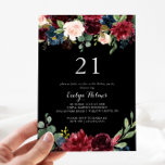 Invitation Botanique noire rustique fête du 21ème anniversair<br><div class="desc">Cette invitation rustique à la fête du 21e anniversaire de naissance noire est parfaite pour une fête d'anniversaire classique. Le design est composé de fleurs bordeaux,  rouges,  navy,  bleues et rousses rayonnantes et gracieuses peintes à la main dans un arrière - plan noir,  inspirant beauté naturelle.</div>