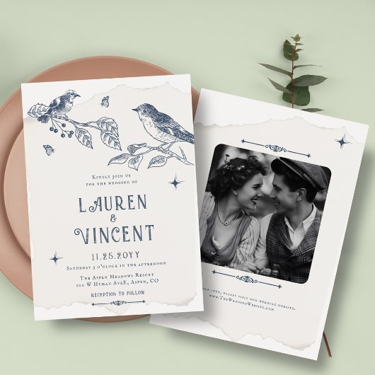 Invitation Botanique & Oiseaux Classique Vintage Mariage Phot