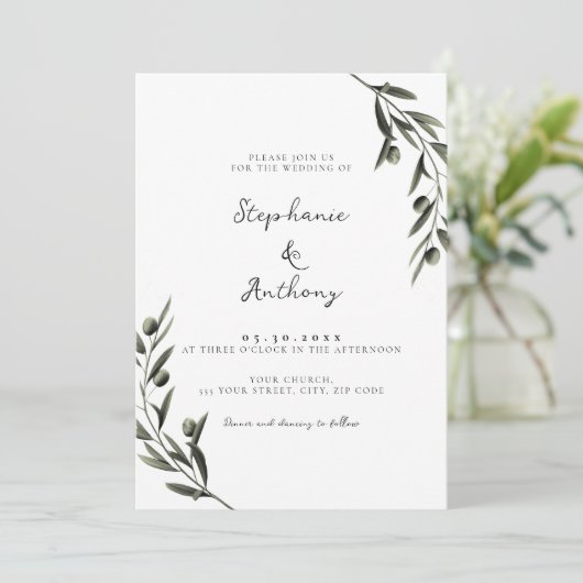 Invitation Botanique Olive Branch Feuille Mariage italien (Debout devant)