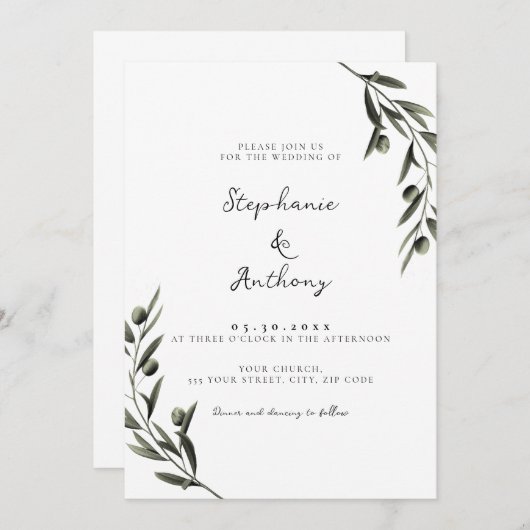 Invitation Botanique Olive Branch Feuille Mariage italien (Devant / Derrière)