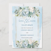 Invitation Botanique Pastel Bleu Blanc Or Floral Date de sauv (Devant)