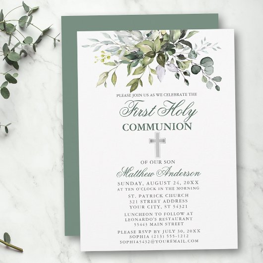 Invitation Botanique Première Communion Argent Sage Vert
