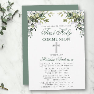 Invitation Botanique Première Communion Sage Vert Argent
