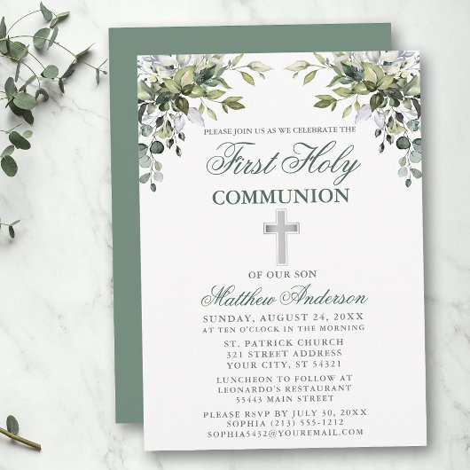 Invitation Botanique Première Communion Sage Vert Argent