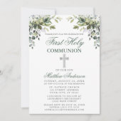 Invitation Botanique Première Communion Sage Vert Argent (Devant)