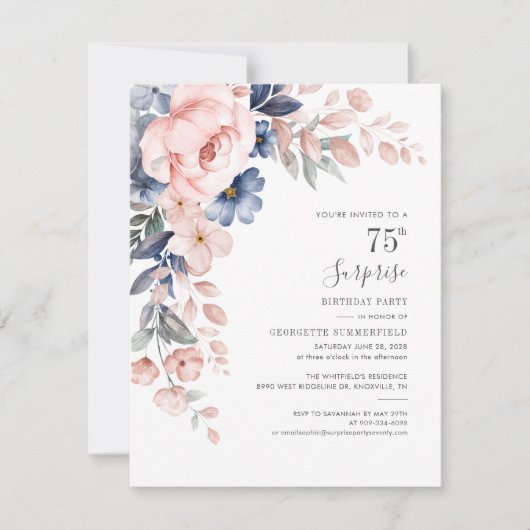 Invitation Botanique rose 75e anniversaire fleurie (Devant)