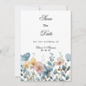 Invitation Botanique rose bleu fleurs sauvages Sauver la date (Devant)