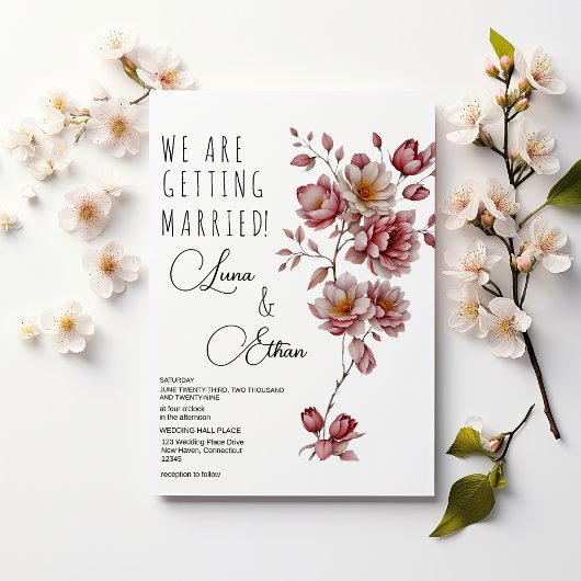 Invitation Botanique rose bordeaux orange mariage