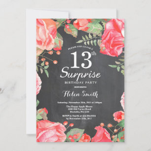 Invitation Botanique Rouge Floral Surprise 13e anniversaire