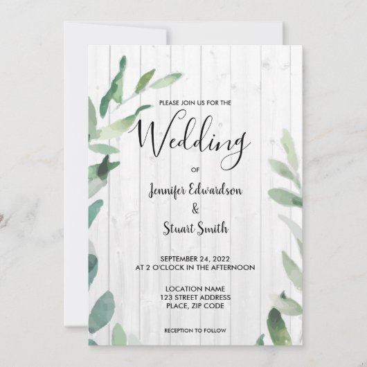 Invitation Botanique rustique aquarelle feuille Mariage (Devant)