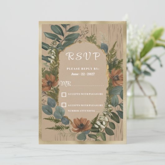 Invitation Botanique rustique boisée fleurie RSVP (Debout devant)