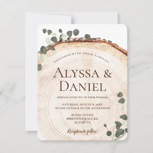 Invitation Botanique Rustique Eucalyptus sur Mariage de bois (Devant)