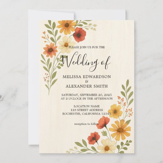 Invitation Botanique rustique fleurs d'aquarelle mariage (Devant)