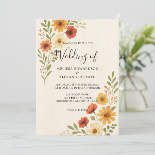 Invitation Botanique rustique fleurs d'aquarelle mariage (Debout devant)