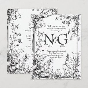 Invitation Botanique rustique, main noire et blanche dessinée