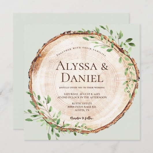Invitation Botanique rustique Verdure Bois coupé Mariage d'âg (Devant / Derrière)