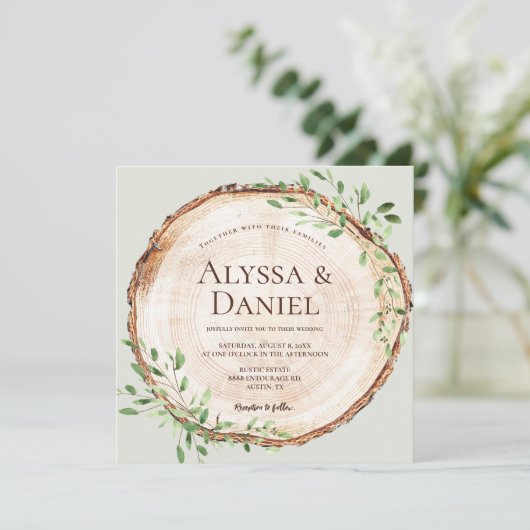 Invitation Botanique rustique Verdure Bois coupé Mariage d'âg (Debout devant)