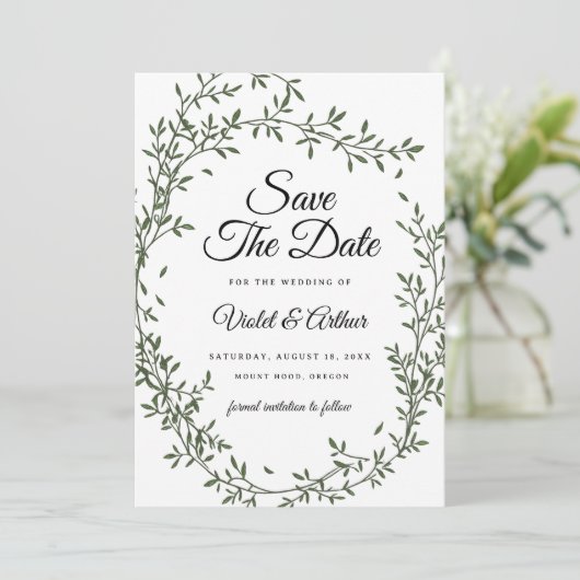 Invitation Botanique Sage Wreath Wedding Enregistrer La Date (Debout devant)