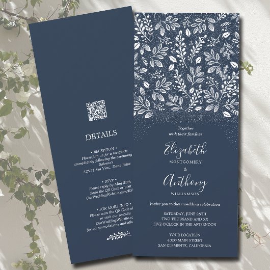 Invitation Botanique Tout en un Marine Blue Wedding Invitatio