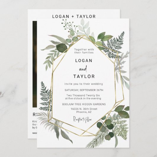 Invitation Botanique Verdure Boho Gold Frame QR Code Photo (Devant / Derrière)