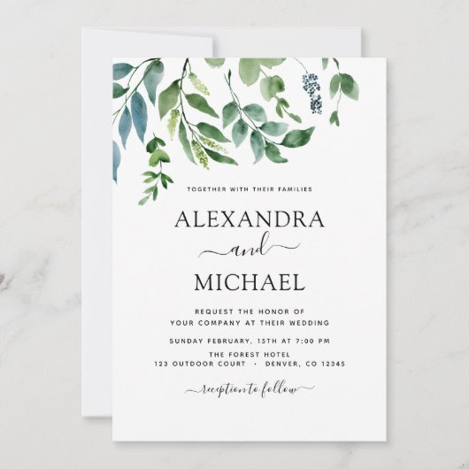 Invitation Botanique Verdure Foliage Mariage d'aquarelle (Devant)