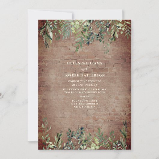 Invitation Botanique Verdure Mariage de briques rustiques (Devant)