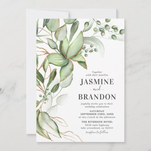 Invitation Botanique Verdure Mariage or (Devant)