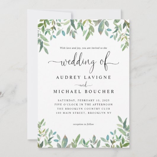Invitation Botanique Verdure Sage Vert Tout en un Mariage (Devant)