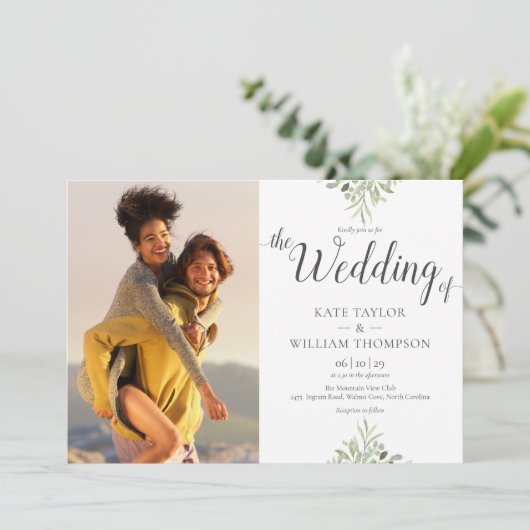 Invitation Botanique Verdure Script Mariage Photos (Debout devant)