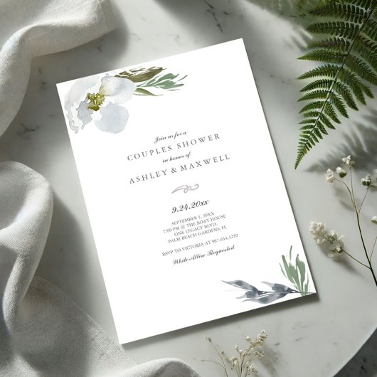 Invitation Botanique Vert & Blanc Douche Aquarelle Florales