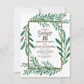 Invitation Botanique Vert Feuille Blanc Or Sweet 16 (Devant)