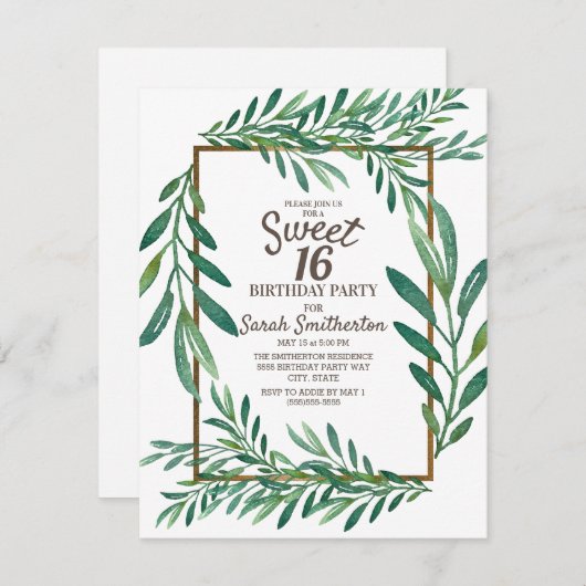 Invitation Botanique Vert Feuille Blanc Or Sweet 16 (Devant / Derrière)