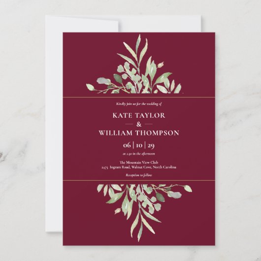 Invitation Botanique verte Bourgogne Mariage or (Devant)
