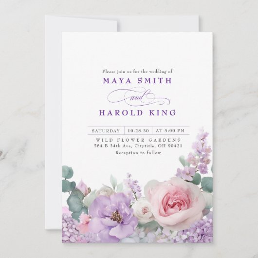 Invitation Botanique violet et rose Mariage floral Boho (Devant)