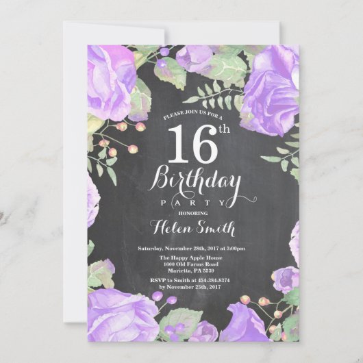 Invitation Botanique Violet Floral 16e anniversaire Invitatio (Devant)