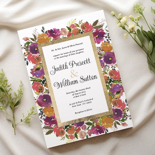 Invitation Botanique violet orange rose mariage floral