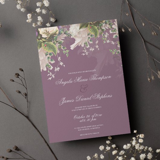 Invitation Botanique violet vert vert ivoire rose mariage flo