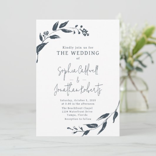 Invitation Botaniques à charbon tendance QR Code Mariage (Debout devant)