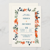 Invitation Botaniques en fleurs Orange Floral Bleu Vert (Devant / Derrière)