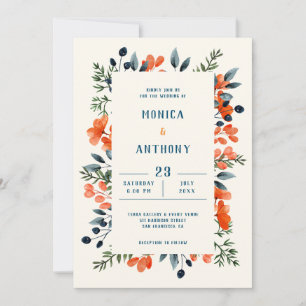 Invitation Botaniques en fleurs Orange Floral Bleu Vert