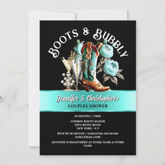 Invitation Botte de cowboy occidentale noir turquoise bulle c (Devant)