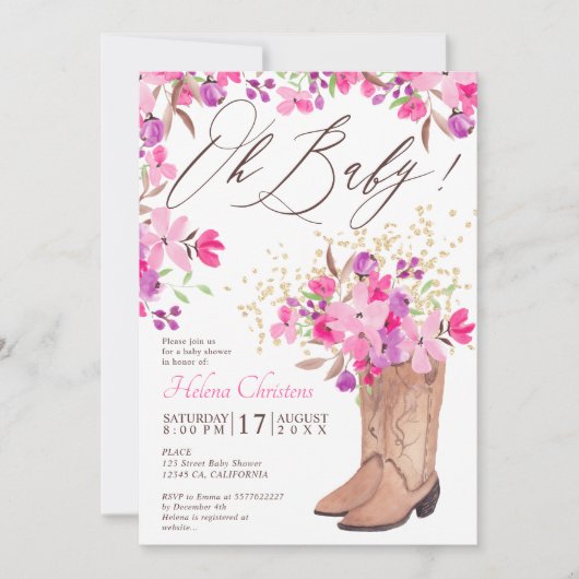 Invitation Botte de cowboy rustique baby shower à fleurs rose (Devant)