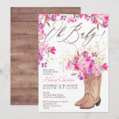 Invitation Botte de cowboy rustique baby shower à fleurs rose (Devant / Derrière)