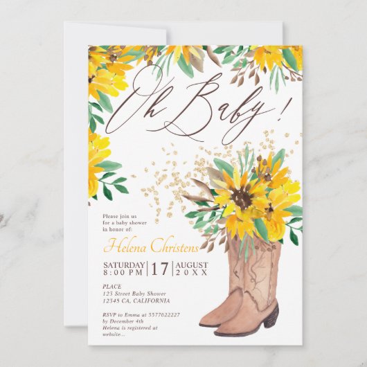 Invitation Botte de cowboy rustique baby shower orangé (Devant)