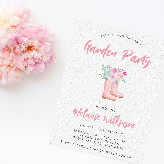 Invitation Botte de pluie rose & Fleurs Jardin Fête Anniversa