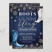 Invitation Botte Denim Bling Cadre de neige Bleu Noël (Devant / Derrière)