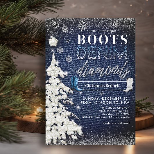 Invitation Botte Denim Diamonds Blue Christmas Church Party